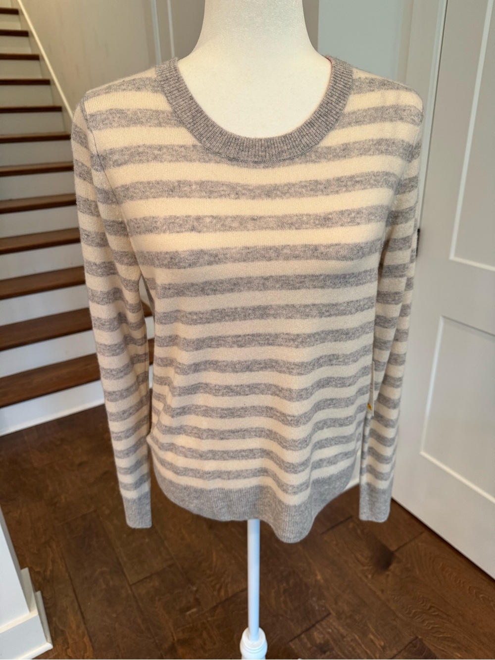 C&C California Gray and Cream Striped 2-ply cashmere Crewneck Sweater